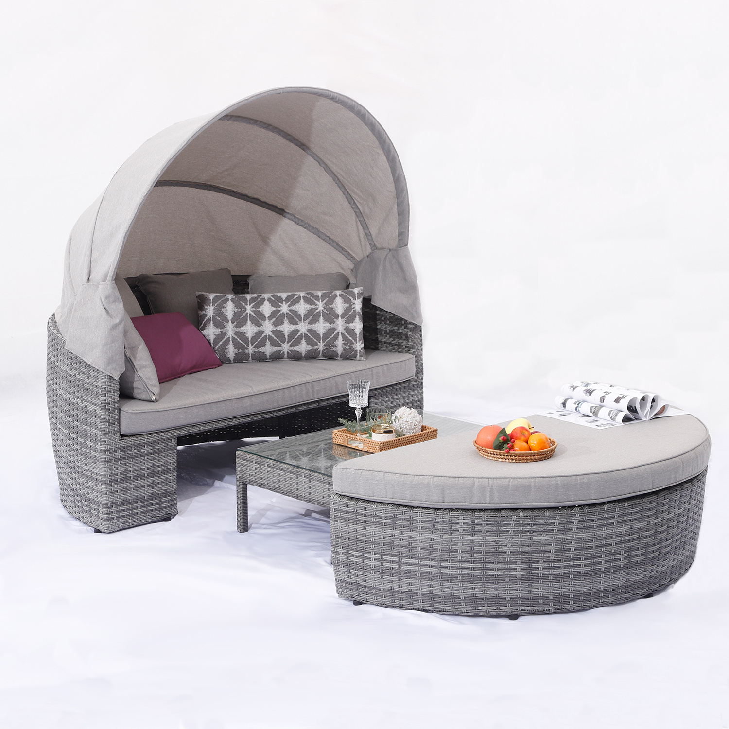 Outdoor Patio Furniture Garden Round Sunbed Wicker Rattan Day Bed with Canopy