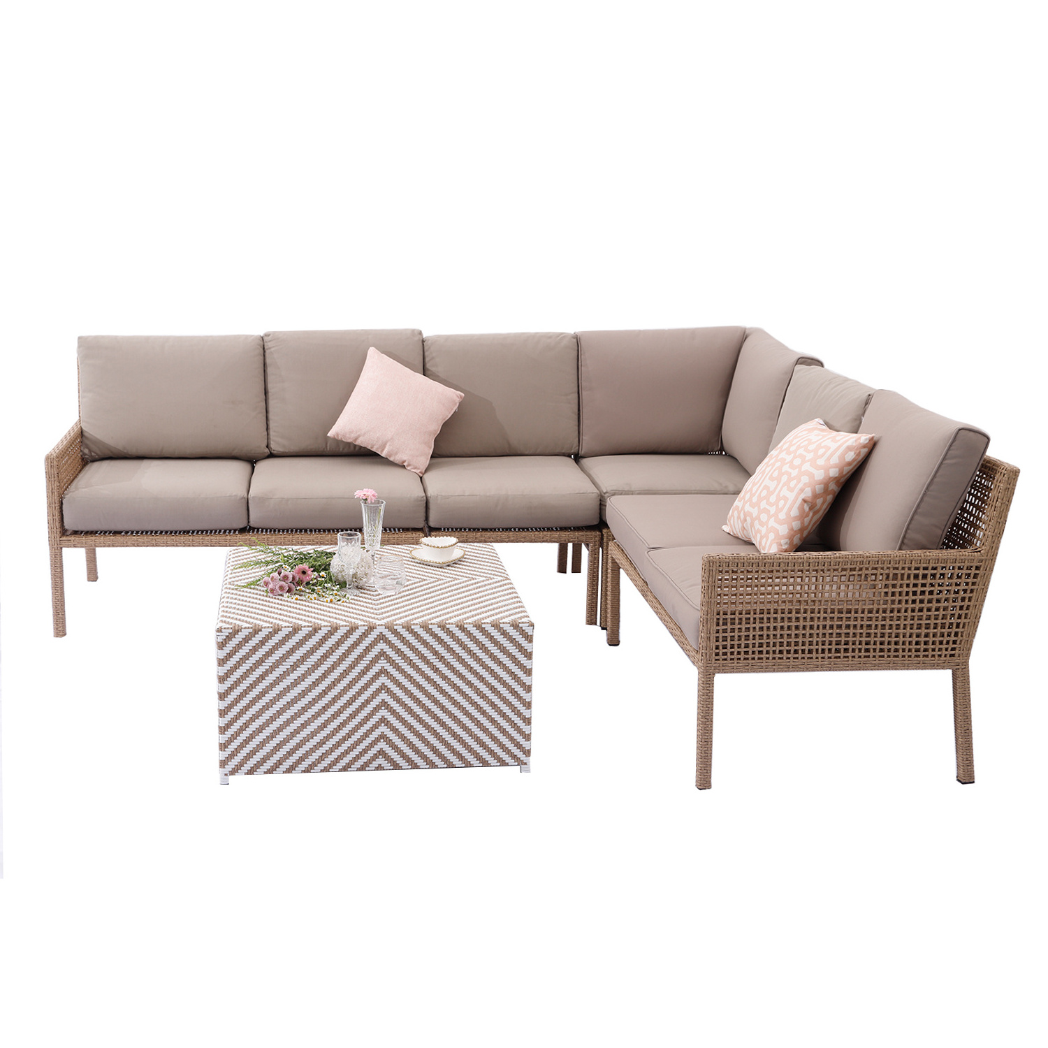 3 Pieces Outdoor Rattan Sofa Wooden Flat Garden sets Wicker Outdoor Furniture