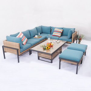 MIA Modern Wicker Furniture Set Outdoor Blue Rattan Conversation Seat Chair Set Couch Sofa