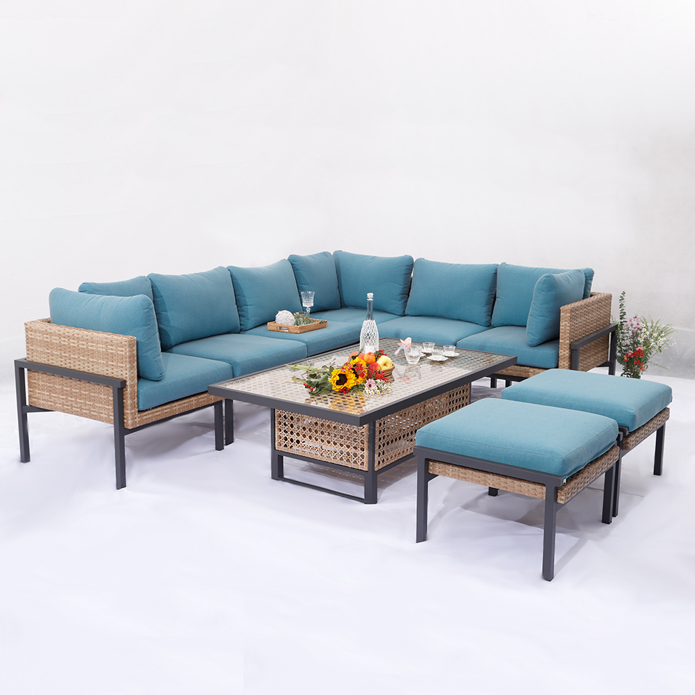 MIA Modern Wicker Furniture Set Outdoor Blue Rattan Conversation Seat Chair Set Couch Sofa