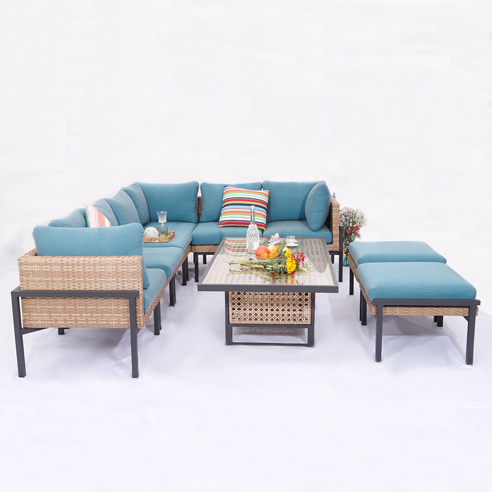 MIA Modern Wicker Furniture Set Outdoor Blue Rattan Conversation Seat Chair Set Couch Sofa