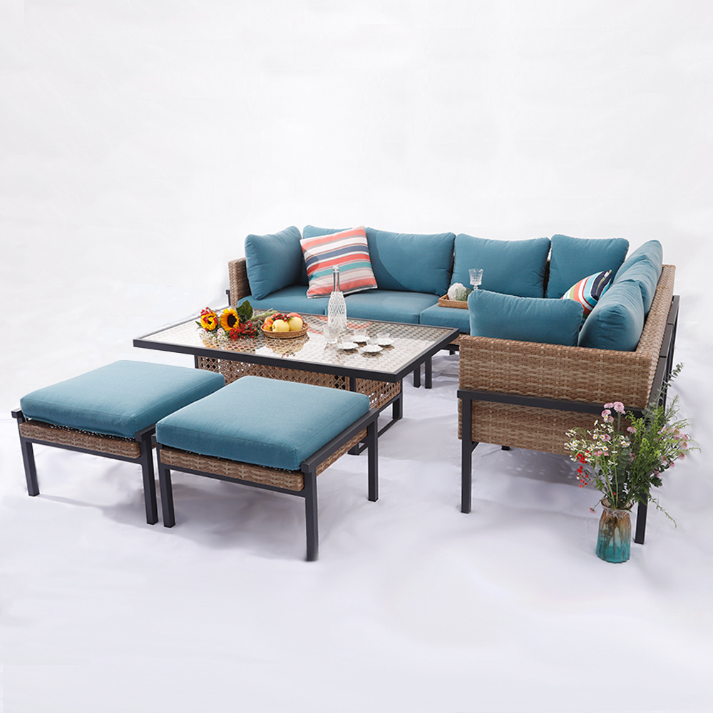 MIA Modern Wicker Furniture Set Outdoor Blue Rattan Conversation Seat Chair Set Couch Sofa