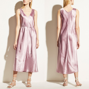 Custom Sleeveless V Neck Pink Satin Midi Dresses Women With Self Tie