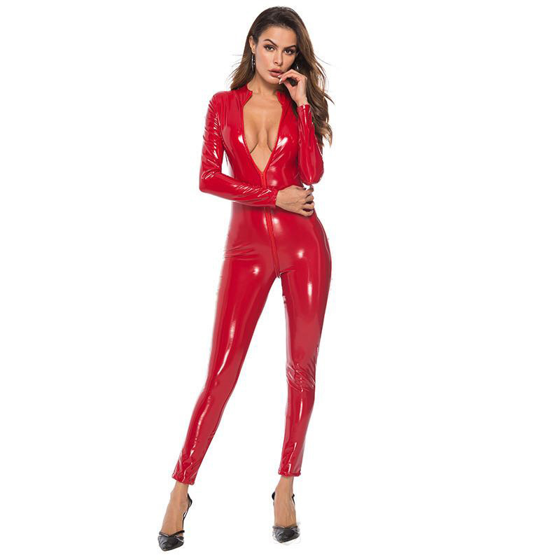 Sexy Women's Catsuit Faux Black Leather Bodysuit Halloween Costume Sexy PVC Leather Catsuit