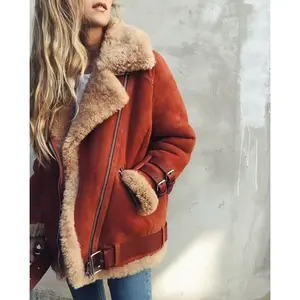 Wholesale Short Outdoor Wear Double-face PU Leather And Faux Fur One-piece Jacket Leather Woman Fur Jacket