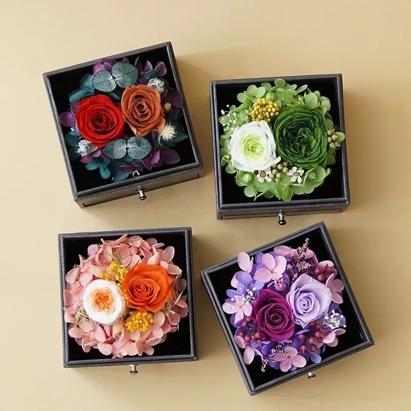 Wholesale Real Touch Rosas Eternas Preservadas Jewelry Box Fresh Flower Stabilized Eternal Flower Rose In Acrylic