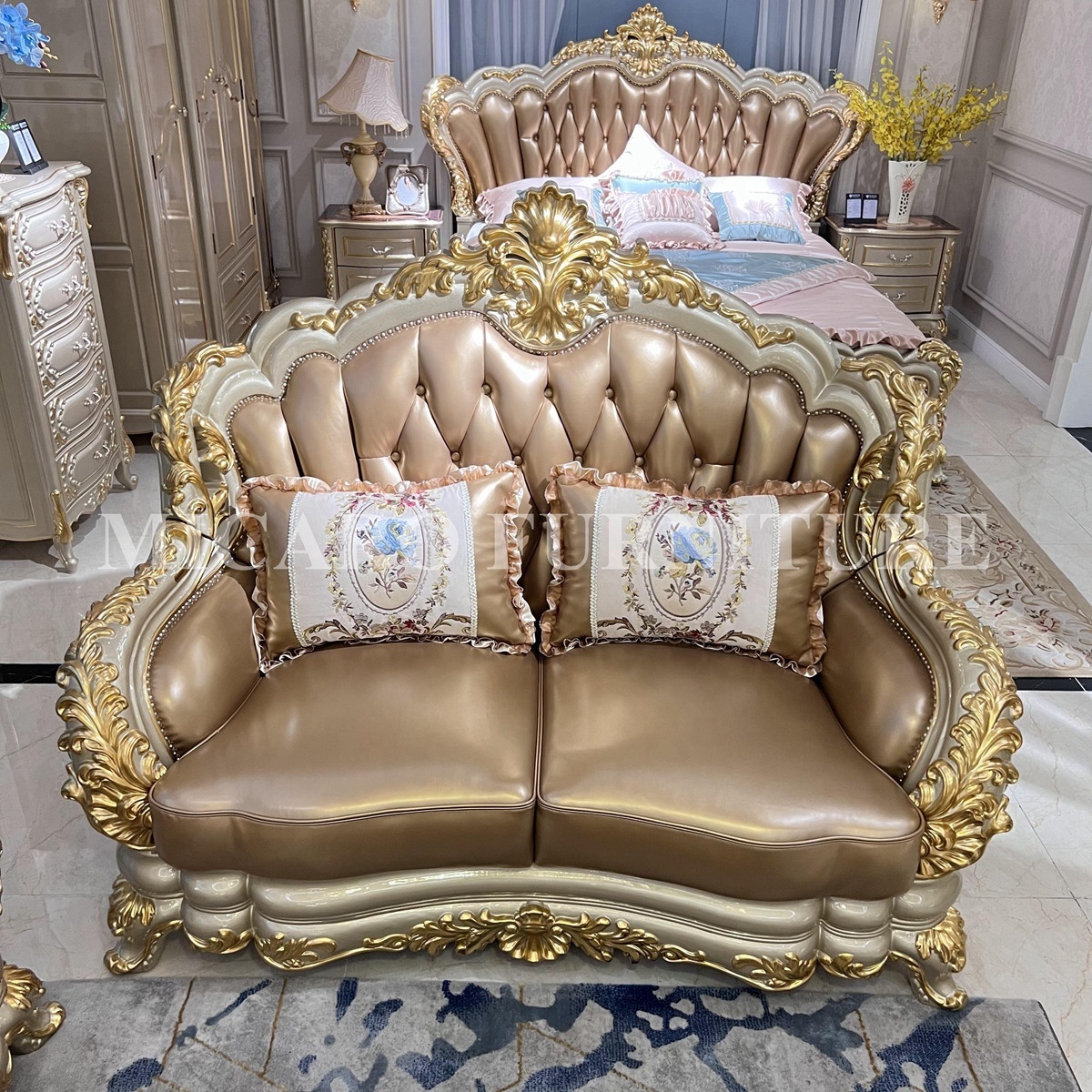 European royal luxury baroque solid wood frame carved living room palace home furniture sectional leather sofa set