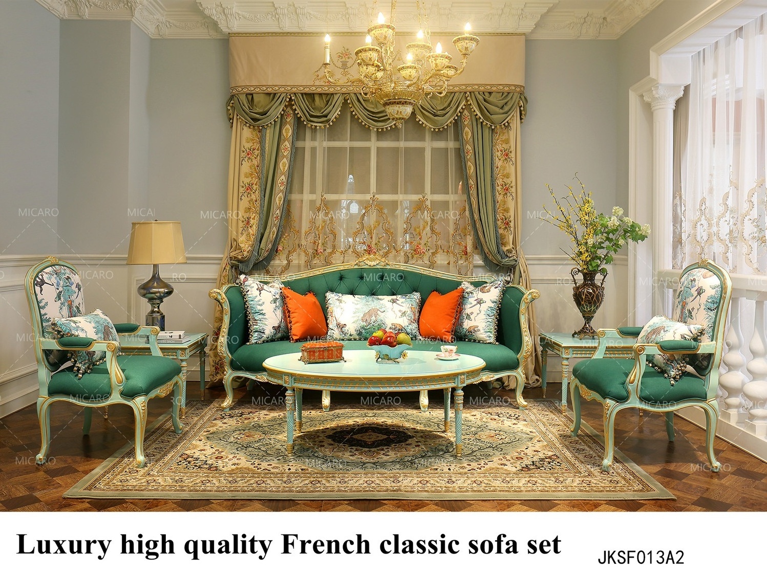 Royal European French classic Rococo style living room furniture sectionnel green sofa set