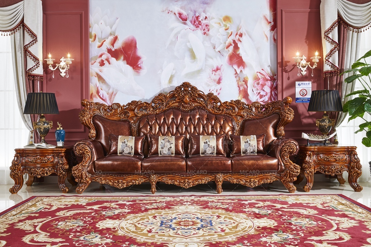 High quality drawing room furniture set design solid wood frame brown leather floor sofa