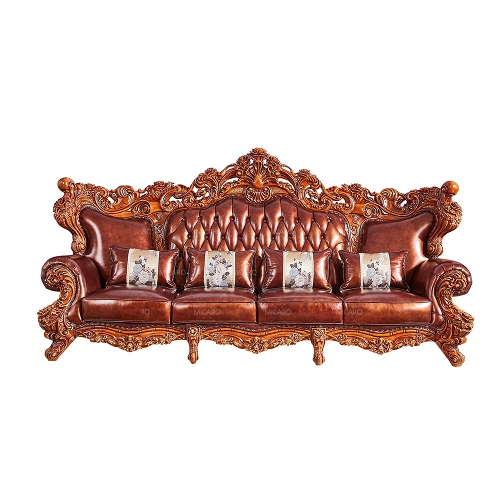 High quality drawing room furniture set design solid wood frame brown leather floor sofa