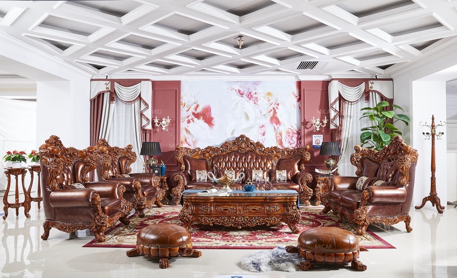 High quality drawing room furniture set design solid wood frame brown leather floor sofa