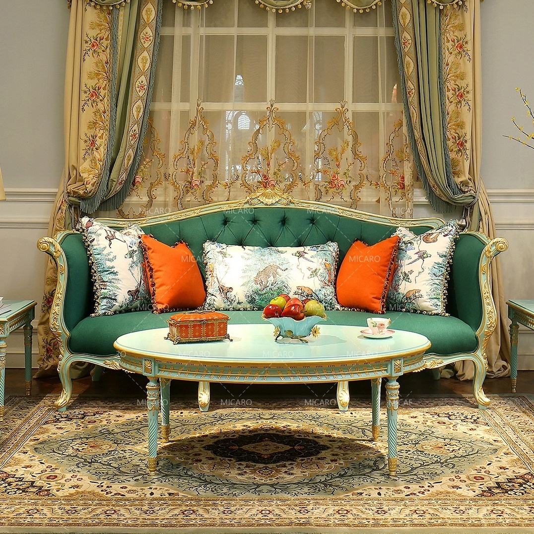 Royal European French classic Rococo style living room furniture sectionnel green sofa set