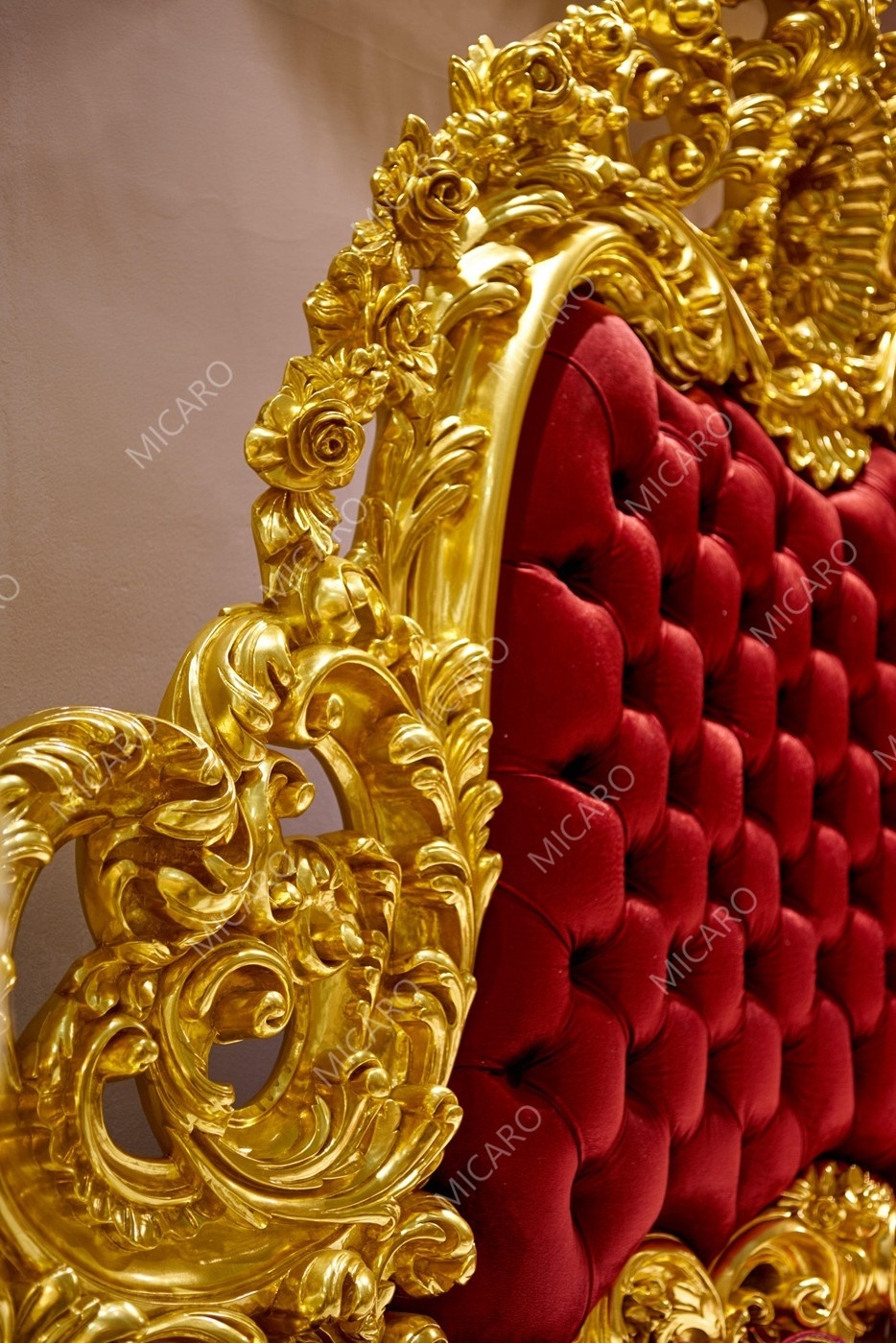 baroque expensive wood hand carved royal furniture gold plated bedroom set with red fabric headboard