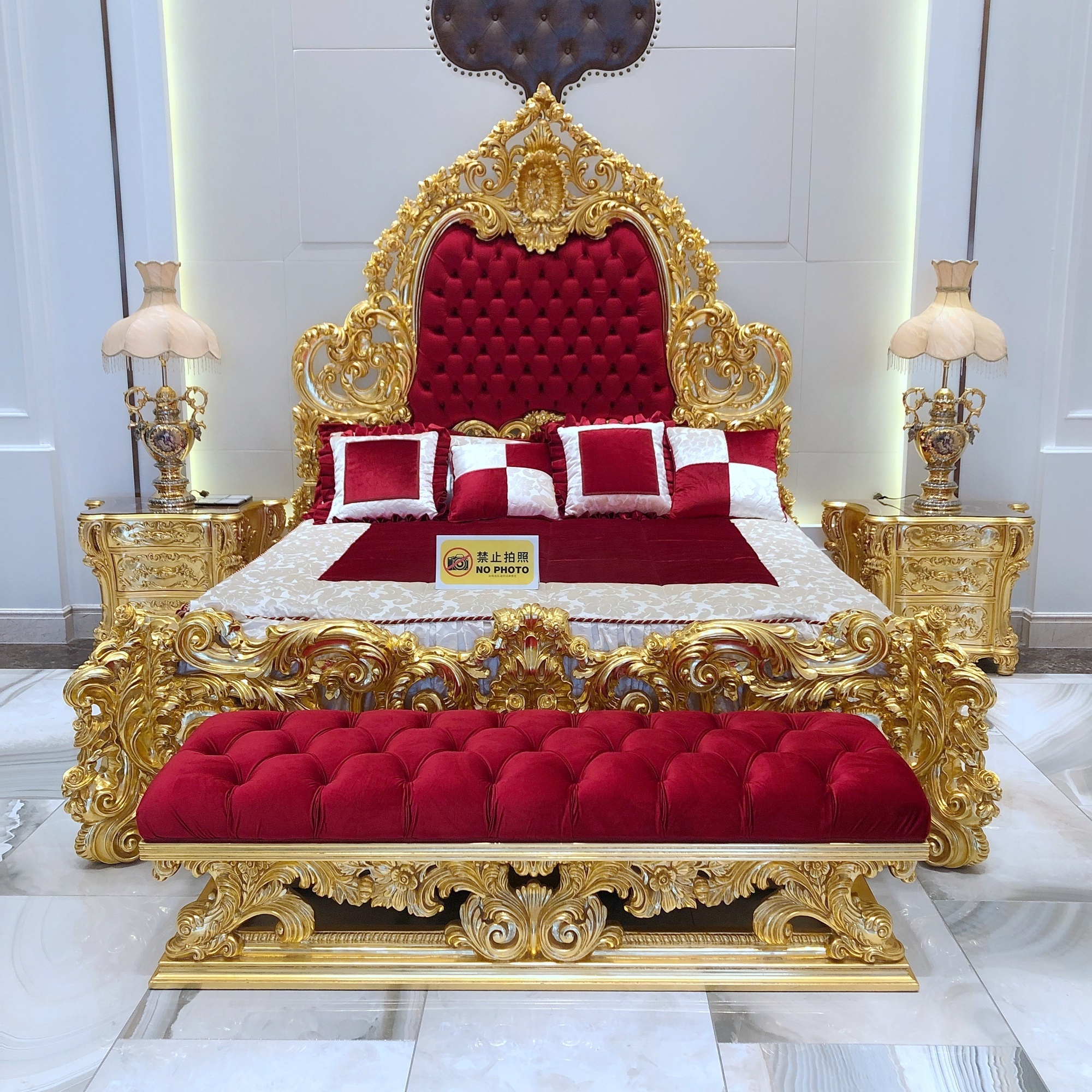 baroque expensive wood hand carved royal furniture gold plated bedroom set with red fabric headboard