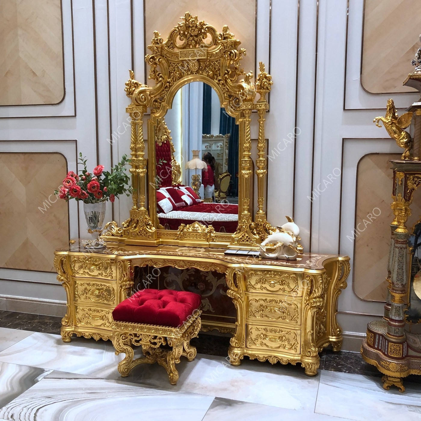 baroque expensive wood hand carved royal furniture gold plated bedroom set with red fabric headboard