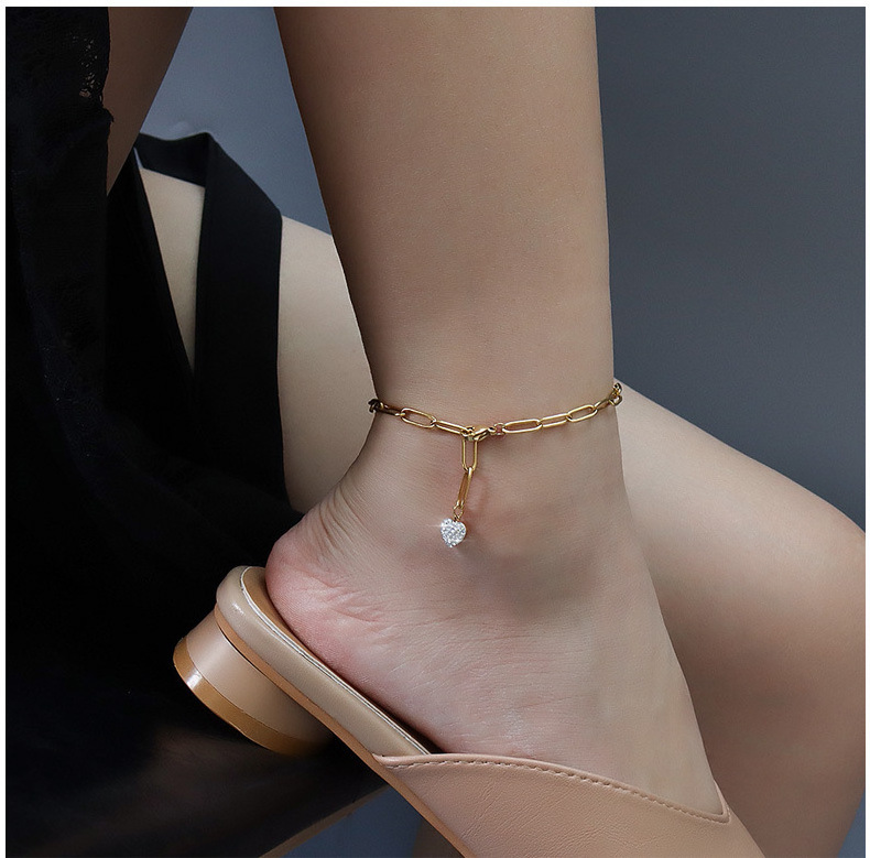 MICCI Wholesale Foot Jewelry Paper Clip Chain Link 18k Gold Plated Stainless Steel Diamond Rhinestone Heart Shape Charm Anklet