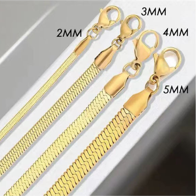 Wholesale 14K 18k Gold Plated Stainless Steel Minimalist Women Jewelry 3mm 4mm 5mm Flat Herringbone Snake Chain Anklet Bracelet