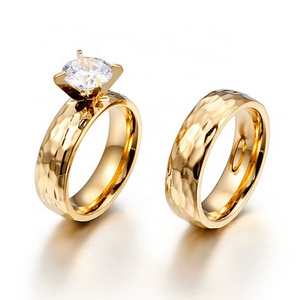 Unique Stackable Couple Ring Set 18K Gold Plated Stainless Steel Jewelry Big Diamond Wedding Engagement Rings for Men and Women