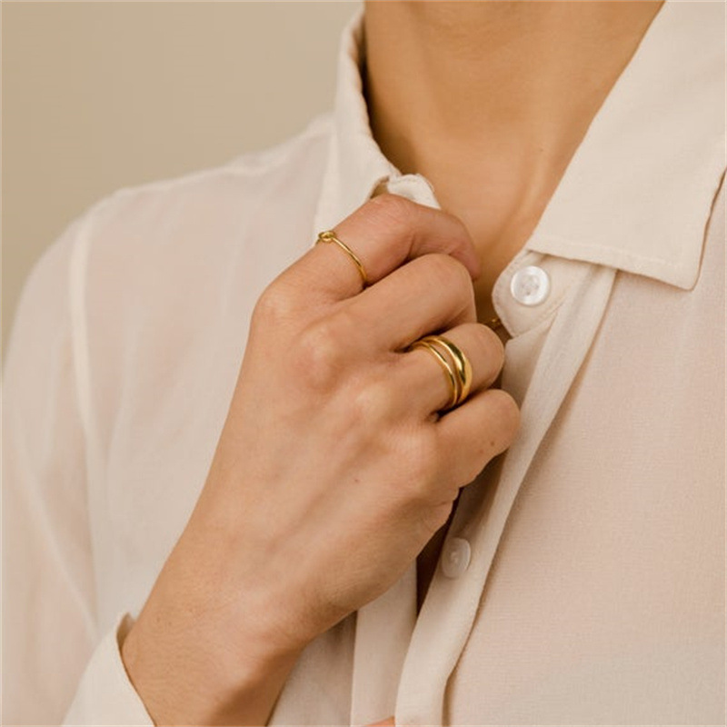 Women Stackable Geometric Minimalist Waterproof Jewelry 18K Gold Plated Stainless Steel Irregular Texture Ocean Wave Curved Ring