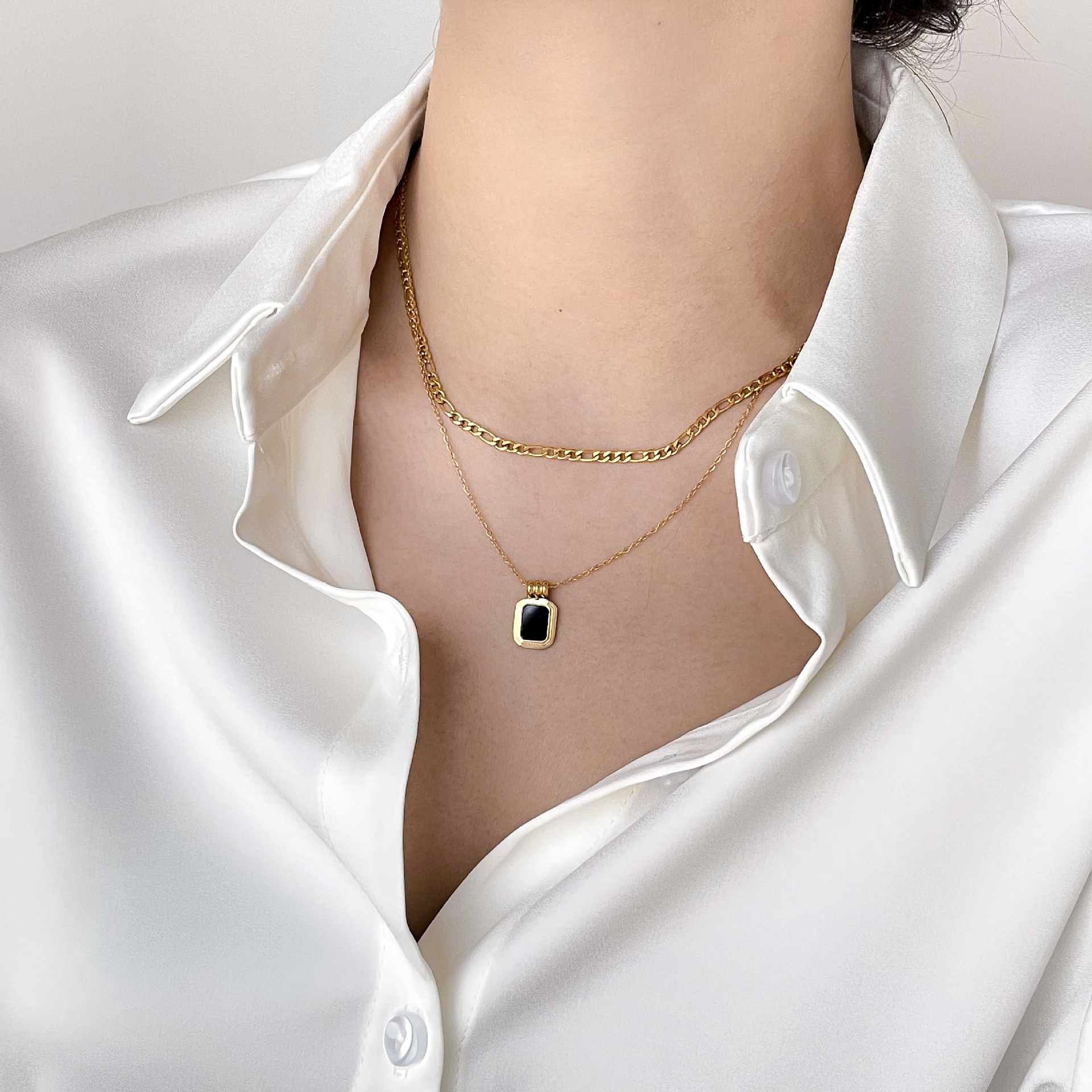 MICCI Wholesale Custom High Quality 18K Gold Plated Jewelry Stainless Steel Black Enamel Acrylic Square Charm Pendant Necklace