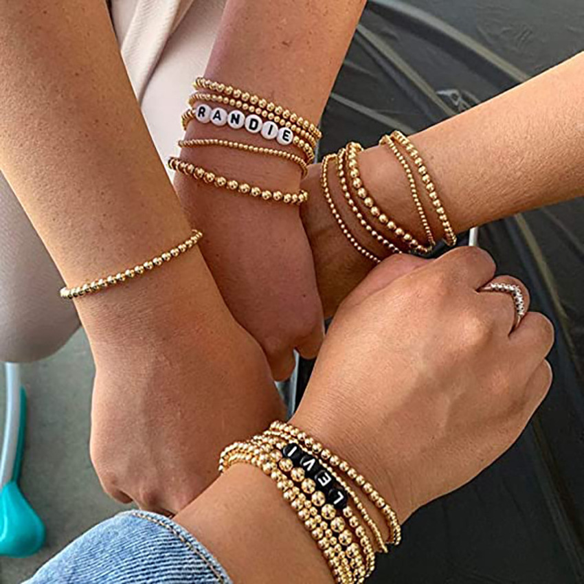 PVD 18K Gold Plated Stainless Steel Waterproof Jewelry Stackable Elastic Stretch Gold Beaded Bracelets for Teenage Girls Women