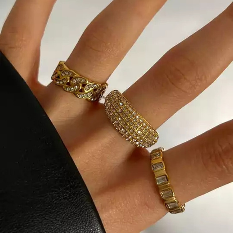 Luxury Sparkle Waterproof Jewelry Stainless Steel 18K Gold Plated Chunky Micro Pave Diamond Dome Rings for Women