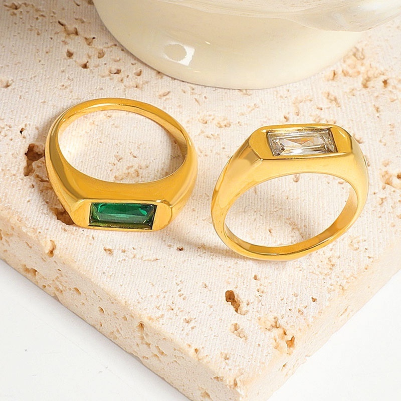 Luxury Minimalist CZ Stone Zircon Eternity 10mm Stainless Steel 18K Gold Plated Rainbow Green White Zircon Ring