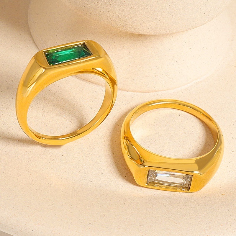 Luxury Minimalist CZ Stone Zircon Eternity 10mm Stainless Steel 18K Gold Plated Rainbow Green White Zircon Ring