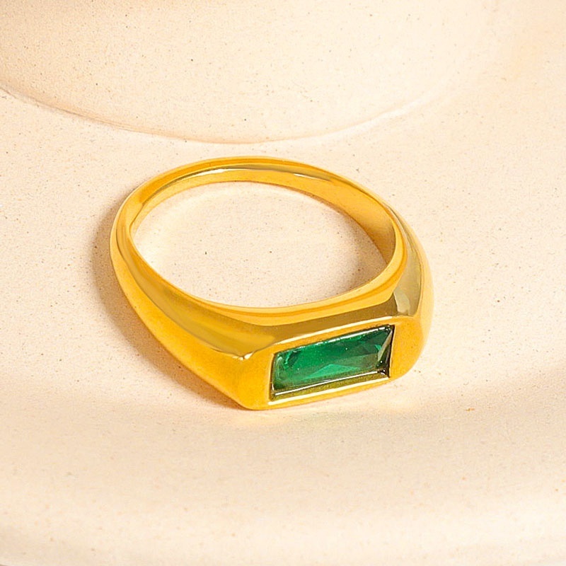 Luxury Minimalist CZ Stone Zircon Eternity 10mm Stainless Steel 18K Gold Plated Rainbow Green White Zircon Ring