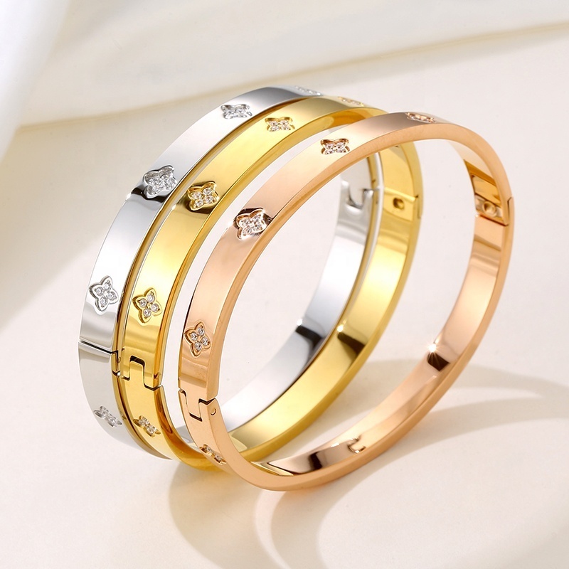 18K Gold Rose Plated Stainless Steel Fashion Waterproof Jewelry Open Cuff Diamond Evil Eye 4 Four Leaf Clover Bangle Bracelet