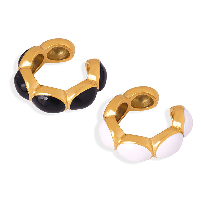 Stainless Steel PVD Gold Plated 2024 Hypoallergenic Jewelry Delicate C Shaped Earring Cuffs Black Colour Glaze Clip On Earrings