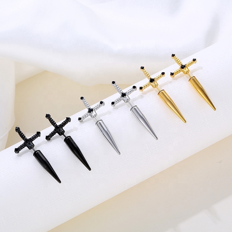 18K Gold Plated Stainless Steel Fashion Punk Gothic Jewelry Trendy Black Dagger Sword Stud Earrings For Women Girls