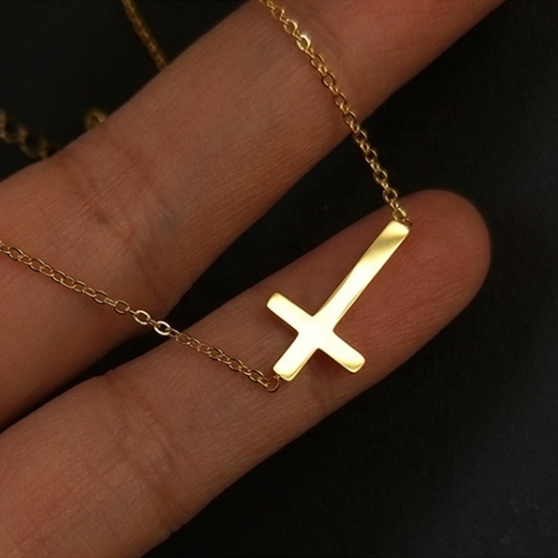 Wholesale Custom Minimalist Christian Jewelry Fashion 18K Gold Plated Small Stainless Steel Sideways Cross Pendant Necklace