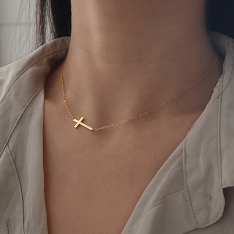 Wholesale Custom Minimalist Christian Jewelry Fashion 18K Gold Plated Small Stainless Steel Sideways Cross Pendant Necklace