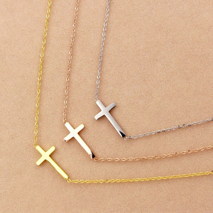 Wholesale Custom Minimalist Christian Jewelry Fashion 18K Gold Plated Small Stainless Steel Sideways Cross Pendant Necklace