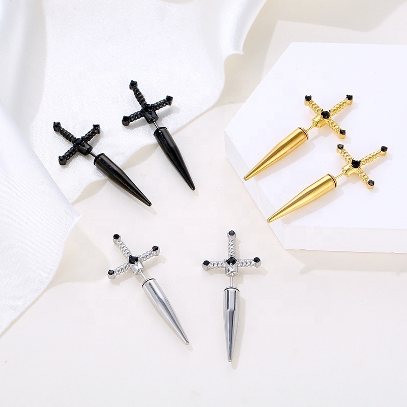 18K Gold Plated Stainless Steel Fashion Punk Gothic Jewelry Trendy Black Dagger Sword Stud Earrings For Women Girls