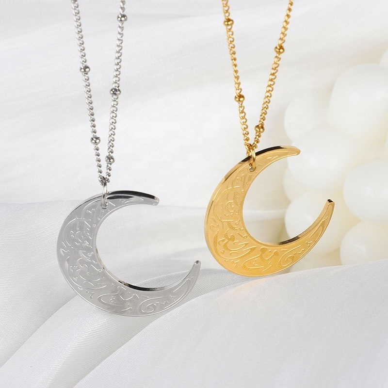 18K Gold Plated Stainless Steel Religious Arabic Word Islam Muslim Allah Moon Pendant Necklace Islamic Jewelry for Women Men