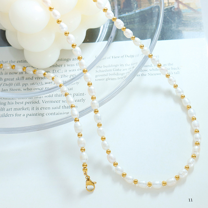 Wholesale Custom 18K Gold Stainless Steel Metal Beaded Fresh Water Fine Jewelry Set Natural Freshwater Pearl Bracelet Necklace