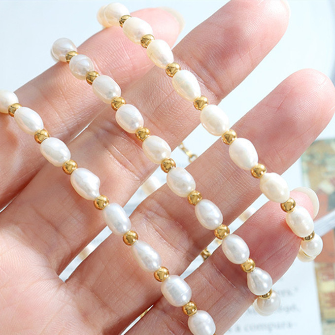 Wholesale Custom 18K Gold Stainless Steel Metal Beaded Fresh Water Fine Jewelry Set Natural Freshwater Pearl Bracelet Necklace