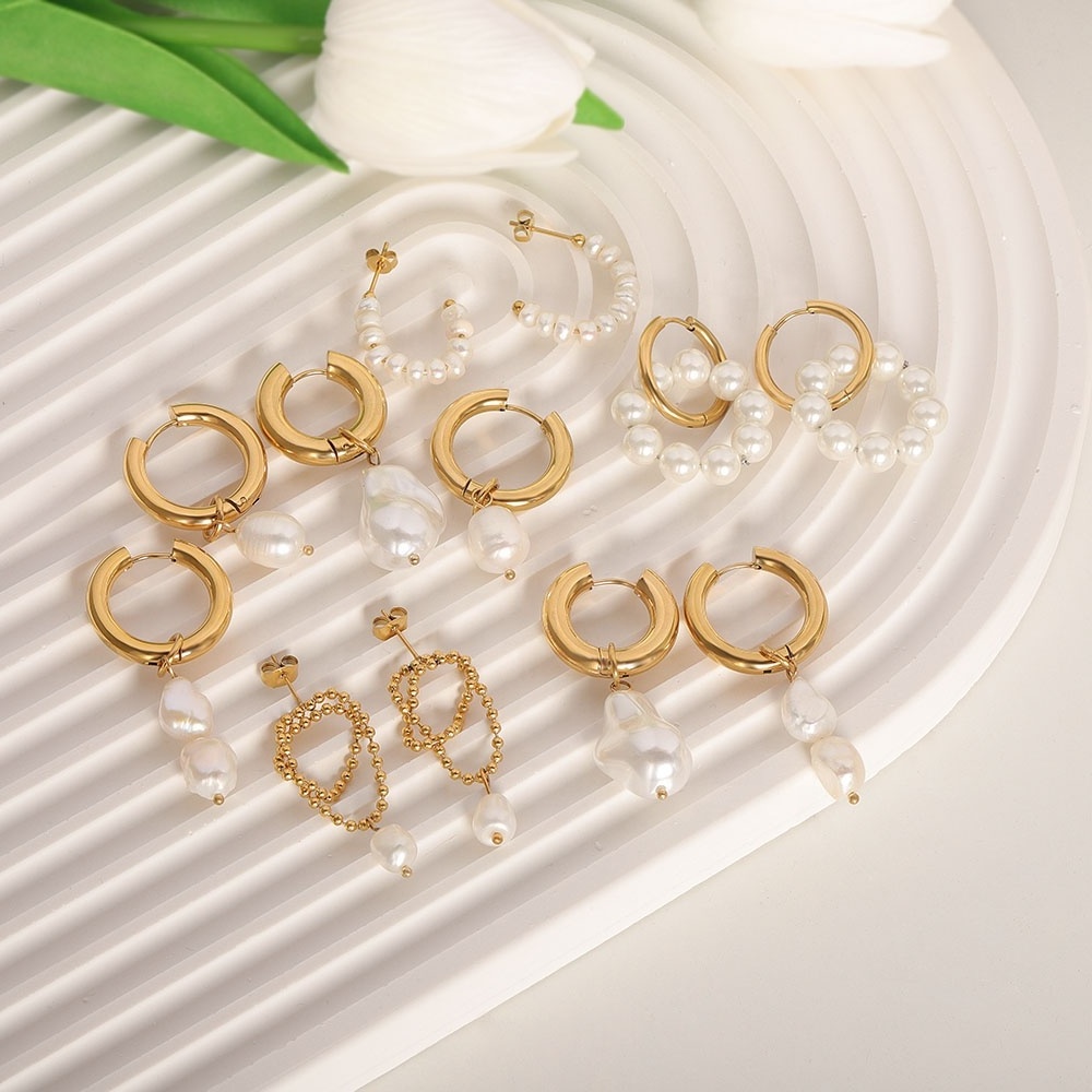 Wholesale Fashion INS 18K Gold Stainless Steel Women Stud Hoop Huggie Bridal South Sea Freshwater Charm Pearl Jewelry Earrings