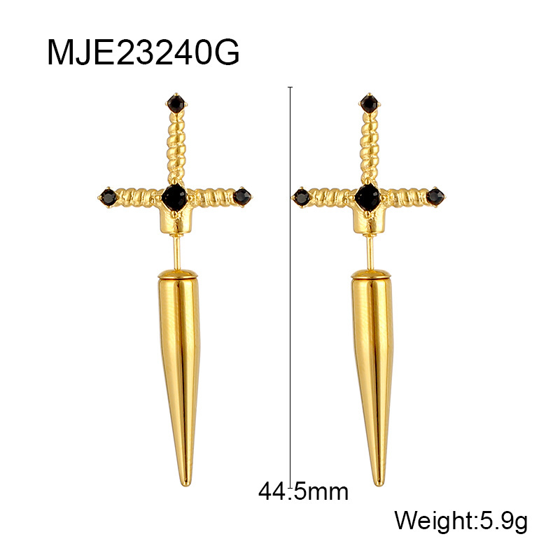 18K Gold Plated Stainless Steel Fashion Punk Gothic Jewelry Trendy Black Dagger Sword Stud Earrings For Women Girls