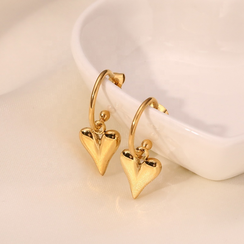 MICCI Wholesale Custom PVD 18K Gold Plated Stainless Steel Yellow Gold Lover Heart Statement Dangle Drop Hoop Earrings