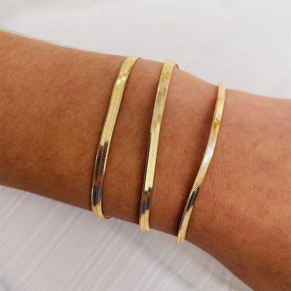 Wholesale 14K 18k Gold Plated Stainless Steel Minimalist Women Jewelry 3mm 4mm 5mm Flat Herringbone Snake Chain Anklet Bracelet