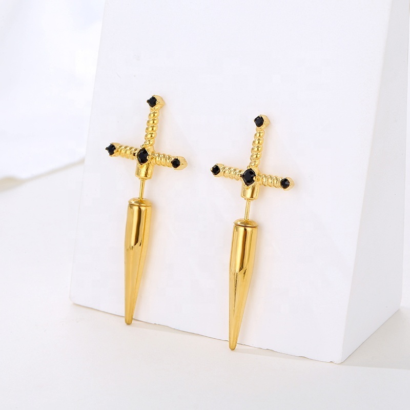 18K Gold Plated Stainless Steel Fashion Punk Gothic Jewelry Trendy Black Dagger Sword Stud Earrings For Women Girls