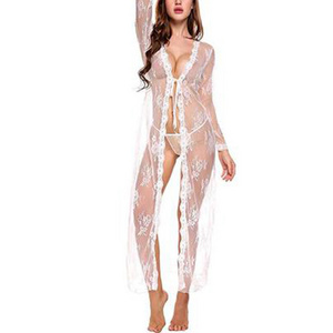 High quality designer sexy mesh perspective long sleeve lace nightdress sexy underwear dress lingerie