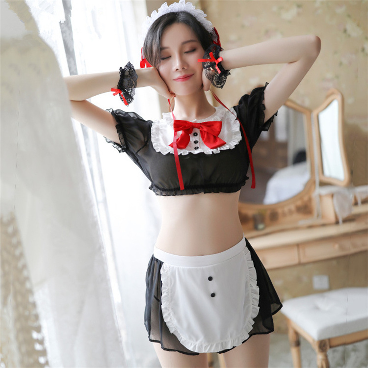 Sexy Costumes for Women Sexy Lingerie Lovely Maid Outfit Uniform Temptation Chiffon Transparent Detachable Bow Suit