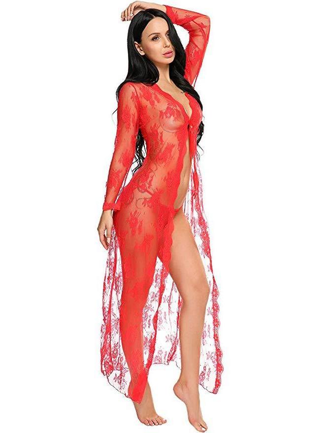 High quality designer sexy mesh perspective long sleeve lace nightdress sexy underwear dress lingerie