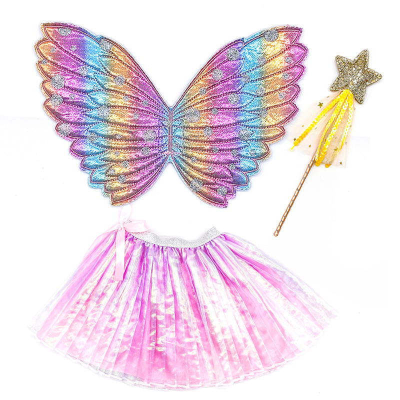 Butterfly Angel Wings Princess Laser Print Skirt Star Fairy Stick Festival Costume Kids Party Dress Up