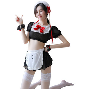 Sexy Costumes for Women Sexy Lingerie Lovely Maid Outfit Uniform Temptation Chiffon Transparent Detachable Bow Suit