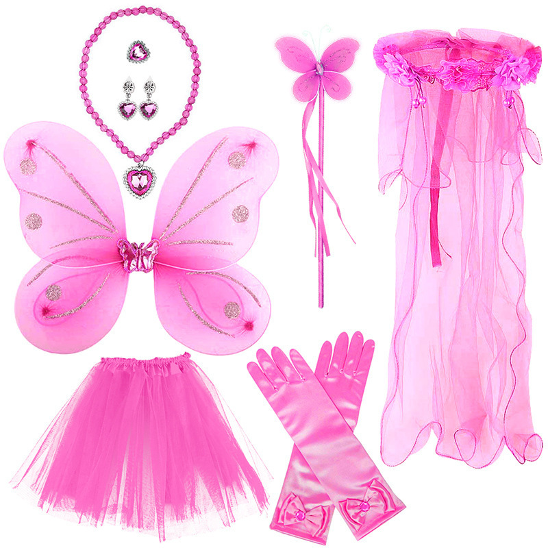 Princess Crown Cosplay Costume Veil Wreath Hair Accessories Girls Short Skirt Butterfly Wings Fairy Stick Party Dress Up Set